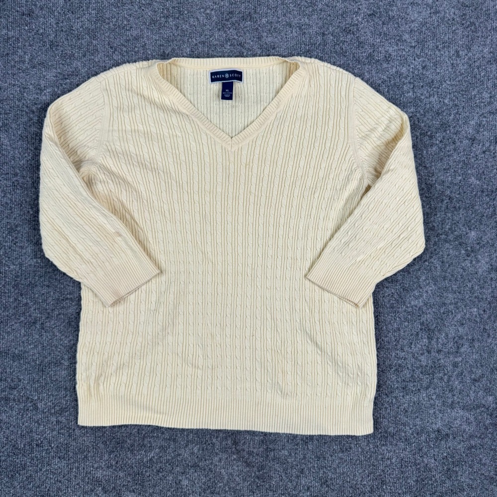 Karen Scott Sweater Womens XL Cream Yellow Cable Knit Cotton V-Neck 3/4 Sleeve
